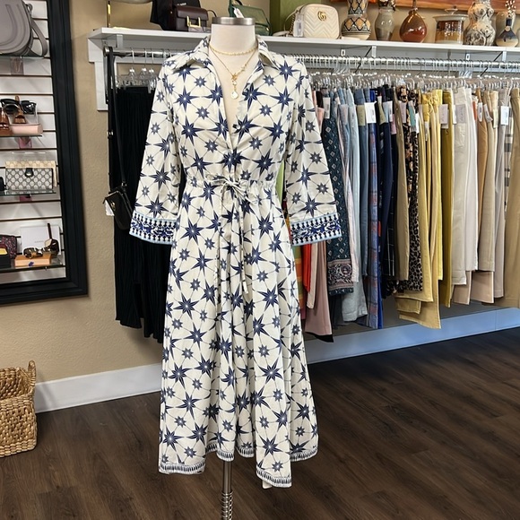 Le Sirenuse Positano NWT Lucy Blue Starburst Printed Cotton Sun Dress Size 38/2 - Picture 2 of 8
